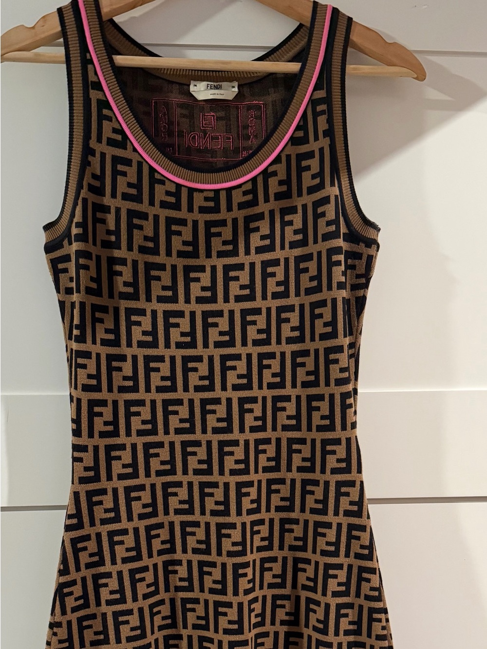 Fendi Brown monogram dress with neon pink accents